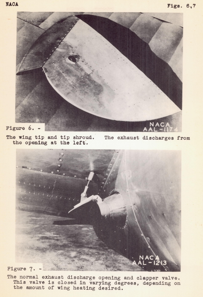 Figure 6. The wing tip and tip shroud. The exhaust discharges from the opening at the left. A curved sheet metal cover, that has an opening that faces downstream. Figure 7.The normal exhaust discharge opening and clapper valve. This valve is closed in varying degrees, depending on the amount of wing heating desired.